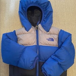 The North Face puffer coat, toddler 3T, Cobalt/Navy/Gray